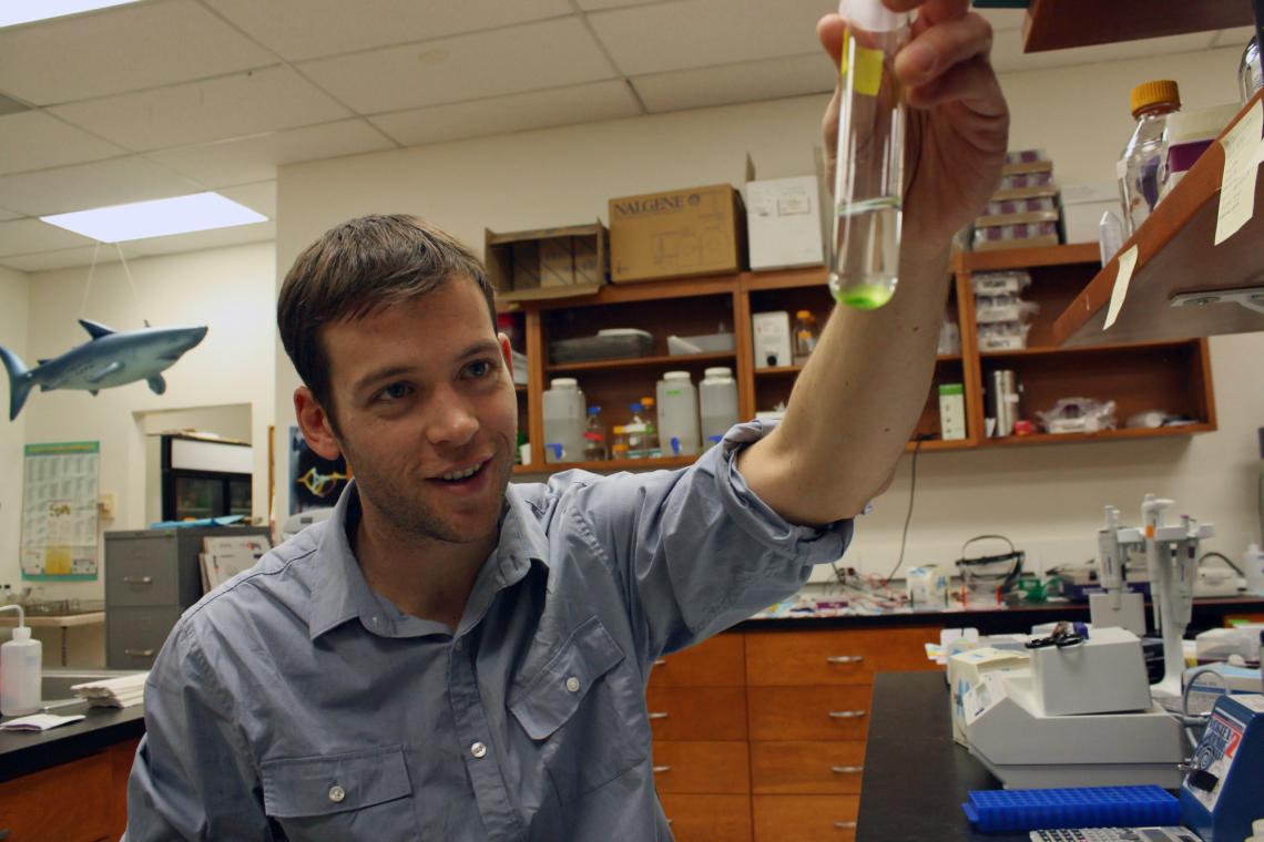 William Driscoll with a vial of algae  in the lab. 